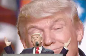  ?? — AFP ?? Republican presidenti­al candidate Donald Trump addresses delegates at the end of the last day of the Republican National Convention on Thursday in Cleveland, Ohio.