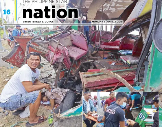  ?? EDD GUMBAN ?? A man watches over an injured passenger of a bus that figured in an accident in Kawit, Cavite yesterday. Inset shows rescue workers carrying another victim away from the wreckage.