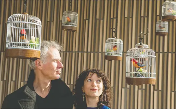  ?? ERROL MCGIHON ?? Big Bang Festival artistic director Wouter Van Looy and festival Ottawa programmer Mélanie Dumont in the bird-sound installati­on These Birds Are Flying to the North.