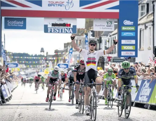  ??  ?? Lotto Soudal’s Andre Greipel crosses the line to win stage one of the 2016 Tour of Britain