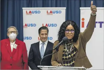  ?? Mel Melcon Los Angeles Times ?? LASHON SANFORD, right, principal at Compton Avenue Elementary STEAM Academy, speaks Friday at the school. With her are LAUSD Board President Jackie Goldberg and Supt. Alberto Carvalho.