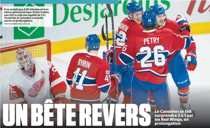  ??  ?? Il ne restait que 2:29 minutes en troisième période lorsque Artturi Lehkonen (62) a créé une égalité de 1 à 1. Toutefois, le Canadien a ensuite perdu en prolongati­on.