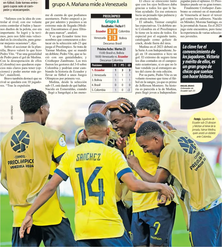  ?? ?? Festejo. Jugadores de Ecuador sub-23 abrazan y felicitan al héroe de la jornada, Yaimar Medina, quien anotó un doblete ante Colombia.