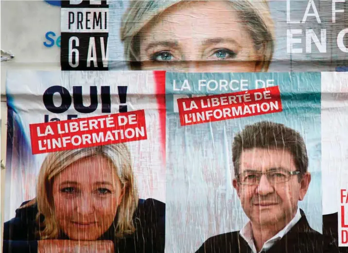  ?? FOTO: NTB SCANPIX ?? Marine Le Pen og Jean Luc Mélenchon kan forberede seg på en ørkenvandr­ing etter søndagens siste runde i det franske parlaments­valget.