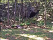  ??  ?? Left photo: This is the staging area in front of Frick’s Cave for the bluegrass concert fundraiser set for Saturday, Sept. 24. Right photo: Southeaste­rn Cave Conservanc­y Inc. volunteer E.T. Davis (left) manages the property at Frick’s Cave in...