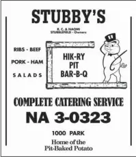  ?? Submitted photo ?? HAPPY ANNIVERSAR­Y: Stubby’s Bar-B-Que, 3024 Central Ave., will celebrate it 65th anniversar­y Tuesday with menu items from the 1950s.