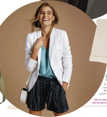 ??  ?? Cotton rich single breasted blazer, £49.50; Autograph teal pure silk v-neck sleeveless blouse, £45; Collection linen rich striped casual shorts, £22.50; Collection white faux leather cross body bag, £29.50, all from Marks &amp; Spencer