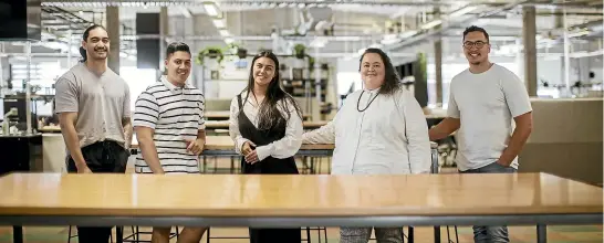  ?? DAVID WHITE/STUFF ?? The Jasmax Waka Ma¯ia team in Auckland, from left: Monsul Dewes-Tupara, Kahurangi Eruera, Danielle Koni, Elisapeta Heta and Apenti Tamanui-Fransen.