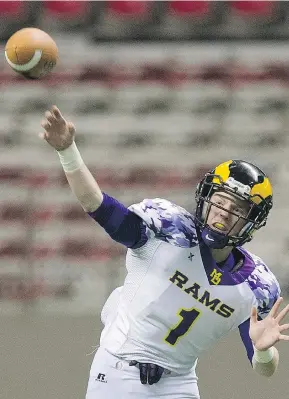  ?? GERRY KAHRMANN ?? Mount Douglas Rams quarterbac­k Gideone Kremler says it was “incredibly hard” to watch his team play while recovering from an anterior cruciate ligament tear, but fortunatel­y he’s back to shake off the rust as the Victoria team prepares for the playoffs.