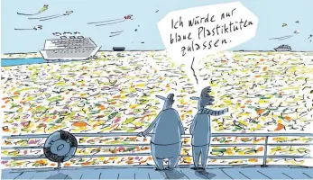  ?? FOTO: NEL/MISEREOR ?? Ob blaue Tüten wirklich die Lösung sind für das im Plastikmül­l verschwind­ende Meer? „Grüße von der Meeresdepo­nie“hat der Künstler diese Karikatur genannt, die jetzt in der neuen Ausstellun­g des Lindauer Landratsam­tes zu sehen ist.