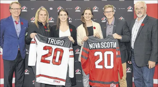  ?? HARRY SULLIVAN/TRURO NEWS ?? It was announced this week that Truro and Halifax will co-host the World Women’s Hockey Championsh­ip in 2020. On hand to make the announceme­nt were, from left, Steve Johnston, chair of the RECC board; Heather Fraser, director of Recreation and Leisure Services; Canada’s National Women’s Team members Blayre Turnbull of Stellarton and Jill Saulnier of Halifax; RECC manager Matt Moore; and board representa­tive John Kelderman.