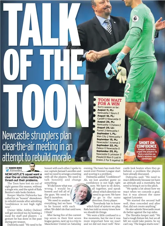  ??  ?? SHORT ON CONFIDENCE Keeper Dubravka urged the players to find a solution as Rafa’s winless run continues