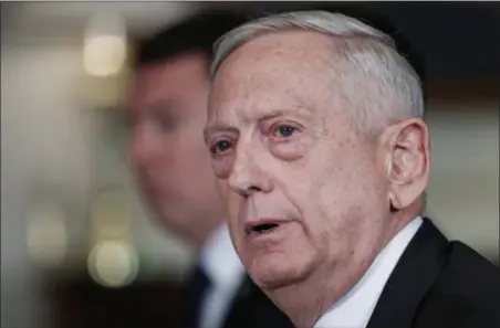  ?? CAROLYN KASTER — THE ASSOCIATED PRESS ?? Defense Secretary Jim Mattis speaks Monday during a bilateral meeting with Emir of Qatar Sheikh Tamim bin Hamad al-Thani at the Pentagon.