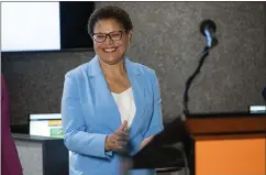  ?? ?? Los Angeles Mayor Karen Bass gives a thumbs up at Friday's press conference. Bass said in a statement: “I look forward to a continued partnershi­p with the FCC and our community partners as we stay committed to creating a more equitable city for all.”