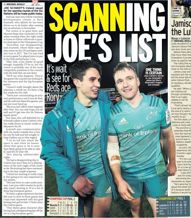  ??  ?? ONE THING IS CERTAIN Joey Carbery will be in Joe Schmidt’s plans but Rory Scannell’s fingers are crossed