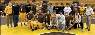  ?? JASON SCHMITT — FOR MEDIANEWS GROUP ?? Rochester Adams captured the Division 1district wrestling title in its own gym on Thursday. The Highlander­s defeated Rochester in the semifinals before knocking off Stoney Creek in the championsh­ip match.