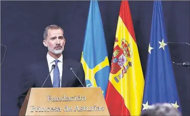  ?? POOL ?? Felipe VI pronuncia su discurso en la entrega de los Premios Princesa de Asturias 2020.