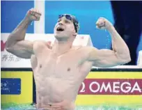  ?? Reuters ?? Brazil’s Nicholas Santos celebrates after winning the men’s 50m butterfly final at the 14th Fina World Swimming Championsh­ips in Hangzhou, China, on Saturday.