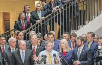  ?? ALEX WROBLEWSKI/GETTY IMAGES ?? Surrounded by GOP lawmakers, U.S. Rep. Jim Jordan, R-Ohio, speaks Wednesday about Republican calls for transparen­cy regarding the impeachmen­t inquiry of President Donald Trump.