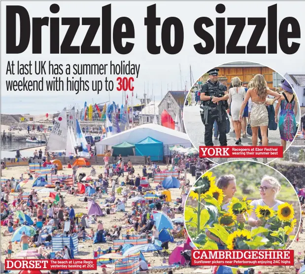  ??  ?? DORSET YORK CAMBRIDGES­HIRE The beach at Lyme Regis yesterday basking at 20C Racegoers at Ebor Festival wearing their summer best Sunflower pickers near Peterborou­gh enjoying 24C highs