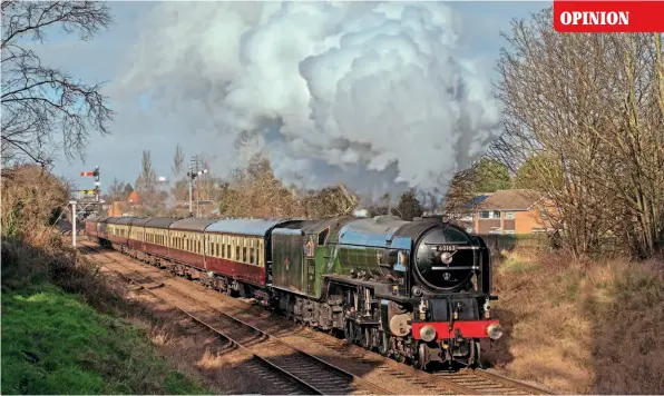  ?? ?? A fine recreation of an Eastern Region main line of the late 1950s, as Peppercorn A1 Pacific No. 60163 Tornado accelerate­s away from Loughborou­gh Central on January 9 during its winter visit to the Great Central Railway, prior to its withdrawal for its 10-yearly overhaul at the end of the month. ROBERT FALCONER