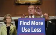  ?? SUSAN WALSH — THE ASSOCIATED PRESS FILE ?? Senate Energy and Natural Resources Committee ranking Republican member Sen. Pete Domenici, R-N.M., center, speaks during a news conference on energy, on Capitol Hill in Washington, accompanie­d by Sen. Kay Bailey Hutchison, R-Texas., right, and Sen....