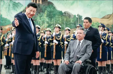  ?? WU ZHIYI / CHINA DAILY ?? President Xi Jinping hosts Ecuadorian President Lenin Moreno during a welcoming ceremony at the Great Hall of the People in Beijing on Wednesday. Moreno began a three-day visit to China on Tuesday.