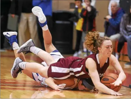  ?? PETE BANNAN — DIGITAL FIRST MEDIA ?? Conestoga’s (3) Lindsay Erickson lands on top of Springfiel­d’s (13) Alyssa Long as they scramble for the ball in the fourth quarter Sunday at Harriton High School.