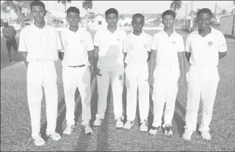  ??  ?? The top performers from yesterday’s semis between DCC and GCC: from left DCC’s Gustave Hudson (27 not – out), Inderjit Nanan (44 and 2-28), Mark Sharma (3-16), GCC’s Thaddeus Lovell (33 not – out), Ariyan Persaud (37 and 3-28) and Rivaldo Phillips (56)