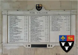  ?? (Sarah Warren) ?? ■ This memorial plaque in the cloisters of Eton College commemorat­es the thirty-seven recipients of the Victoria Cross (as well as those who received other gallantry awards) who were Old Etonians. Appropriat­ely, the inscriptio­n at the head of the plaque reads ‘For Valour’.