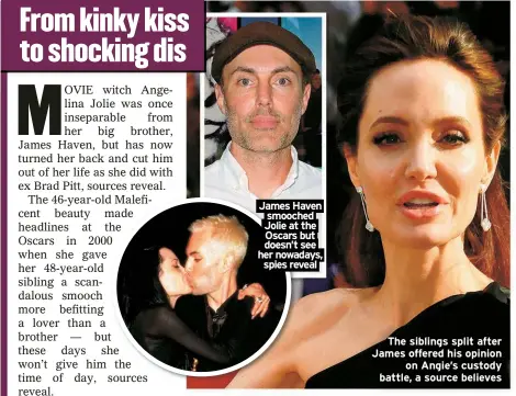  ?? ?? James Haven smooched Jolie at the Oscars but doesn’t see her nowadays, spies reveal
The siblings split after James offered his opinion on Angie’s custody battle, a source believes