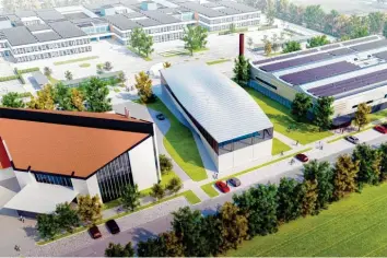  ?? Foto: studio GA ?? Das neue Bad wird auf der Wiese zwischen Turnhalle (rechts) und Stadthalle (links) gebaut. Oben im Bild sind die Leonhard‰Wag‰ ner‰Schulen zu sehen.