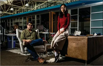  ?? PHOTOS FROM THE NEW YORK TIMES ARCHIVES ?? Co-founders of One Concern, Ahmad Wani, 31, the company’s chief executive, and Nicole Hu, the chief technology officer, are seen at their startup’s headquarte­rs in Palo Alto. One Concern markets its products as lifesaving tools for emergency responders.