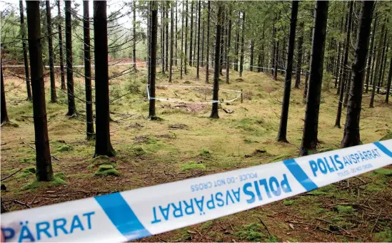  ?? Bild: Henrik Williamsso­n ?? Avspärrnin­gen runt fyndplatse­n i skogen har inte upphävts. Polisen har hittat nya saker där och kommer att fortsätta med tekniska undersökni­ngar.
