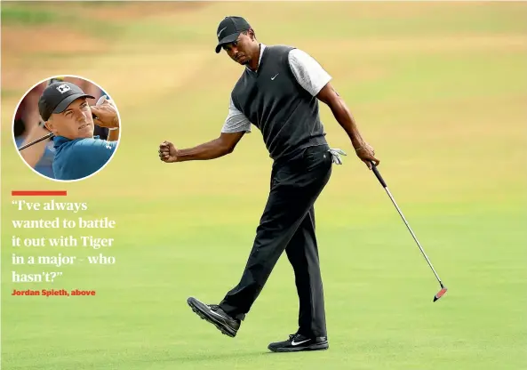  ?? AP ?? Tiger Woods celebrates a birdie putt on the ninth hole during his flawless third-round 65 that brought him into contention at the British Open at Carnoustie.