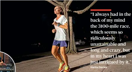  ?? ?? Harita Davies is about to run the equivalent of two marathons a day for more than seven weeks. Inset: She went through 45 pairs of shoes in her two previous 3100 Mile Races.