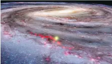  ?? WORLDWIDE TELESCOPE ?? This illustrati­on provided by Harvard shows data from the Radcliffe Wave, indicated in red, superimpos­ed on an artist’s rendering of Milky Way galaxy.