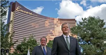  ?? MATT STONe / HeRALd STAFF ?? NO MORE MASKS? Gov. Charlie Baker at Encore Boston in Everett on Oct. 22 during the Mystic River Pedestrian Bridge Announceme­nt.