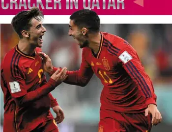  ?? —AFP ?? Fearsome twosome: Spain forward Ferran Torres (right) celebrates with Gavi after scoring his team’s fourth goal against Costa rica at the al-thumama Stadium in doha.