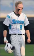  ?? GREG SORBER/JOURNAL ?? ABOVE: Cleveland’s Brandon Larson celebrates scoring a run in the fourth inning of Tuesday’s game against Rio Rancho. RIGHT: Rio Rancho center fielder Jarred Winter catches a fly ball hit by Cleveland’s Riley Peterson in the second inning of Tuesday’s...