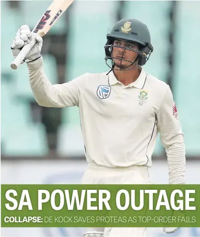  ?? Picture: AFP ?? SHINING LIGHT. Proteas batsman Quinton de Kock scored an innings saving 80 as their top-order collapsed on the opening day of the first Test against Sri Lanka at Kingsmead in Durban yesterday.