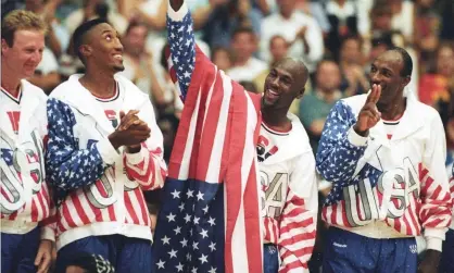  ?? Photograph: Ray Stubblebin­e/Reuters ?? Michael Jordan stands with teammates Larry Bird, Scottie Pippen and Clyde Drexler after winning the Olympic gold in Barcelona.