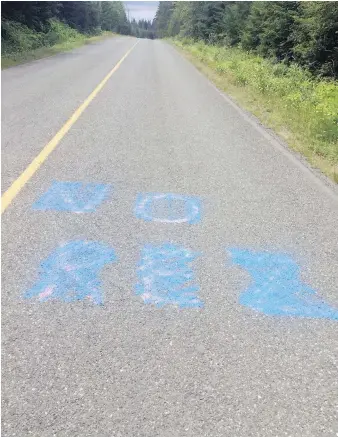  ??  ?? Graffiti spray-painted on the road leading to the site on which the Tlowitsis Nation plans to develop near Campbell River. Councillor Thomas Smith says he was taken aback by the level and tenor of opposition.