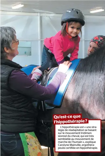  ?? PHOTO COURTOISIE ?? Mila, 2 ans, suit deux séances d’hippothéra­pie par semaine à la clinique CRCM. Elle pratique différents exercices sur le dos du cheval, comme se mettre à quatre pattes.