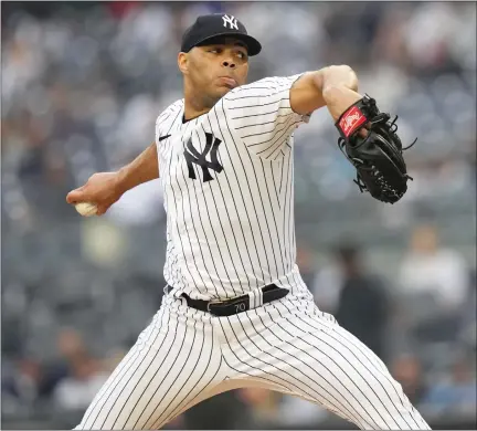  ?? AP PHOTO/FRANK FRANKLIN II ?? New York Yankees’ Jimmy Cordero pitches during the sixth inning in the first baseball game of a doublehead­er against the Chicago White Sox, Thursday, June 8, 2023, in New York.