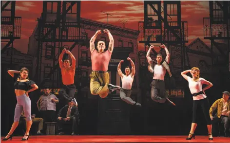  ?? Photos by Joan Marcus / SHN ?? Above: Haley Hannah (left), Joseph Sammour, Joshua Michael Burrage, Giovanni DiGabriele, Sean Bell and Kyli Rae dance in “A Bronx Tale.” Left: Joe Barbara (foreground left) plays local kingpin Sonny who befriends the son of Lorenzo, played by Richard H. Blake; seated at left are John Gardiner, Robert Pieranunzi and Paul Salvatorie­llo.