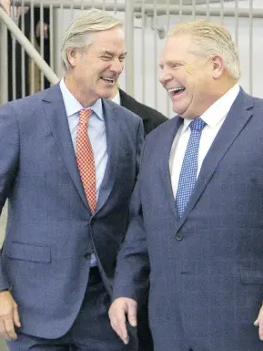  ?? DEREK RUTTAN / POSTMEDIA NEWS ?? Maple Leafs Foods CEO Michael McCain, left, and Ontario Premier Doug Ford on Tuesday at the announceme­nt of Ontario’s $34.5 million in funding for Maple Leaf ’s new processing plant in London, Ont.