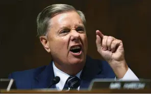  ?? AP/MICHAEL REYNOLDS ?? Sen. Lindsey Graham, R-S.C., lashed out during the hearing, calling it the “most unethical sham since I’ve been in politics.” He said Christine Blasey Ford’s testimony had not shaken his support for Brett Kavanaugh.