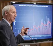  ?? (Arkansas Democrat-Gazette/John Sykes Jr.) ?? Gov. Asa Hutchinson discusses the latest data Monday during his coronaviru­s briefing at the state Capitol in Little Rock.