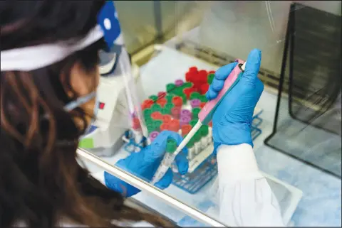  ?? ERIN SCHAFF / THE NEW YORK TIMES FILE (2020) ?? A lab technician prepares COVID-19 specimens for testing in April 2020 at a Quest Diagnostic­s facility in Chantilly, Va. Nevada’s experience with farming out test results to a lab in Chicago when the delta and omicron variants of the coronaviru­s were breaking out in 2021 uncovered a lapse in the U.S. public health administra­tion: The lack of national standards for ongoing verificati­on of lab results.